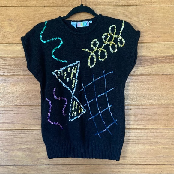 Vintage 80s Heidi silk angroa blend sequin front short sleeve sweater - Picture 1 of 5